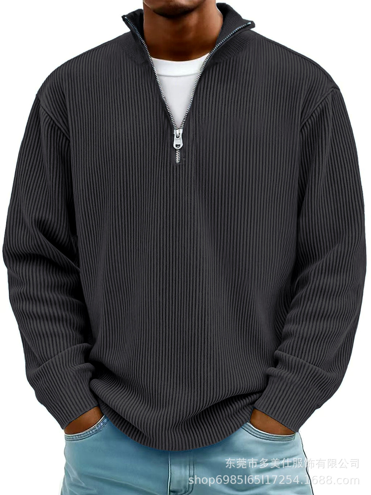 Men's Corduroy Quarter-Zip Stand Collar Long Sleeve Polo Shirt in Dark Gray - product view