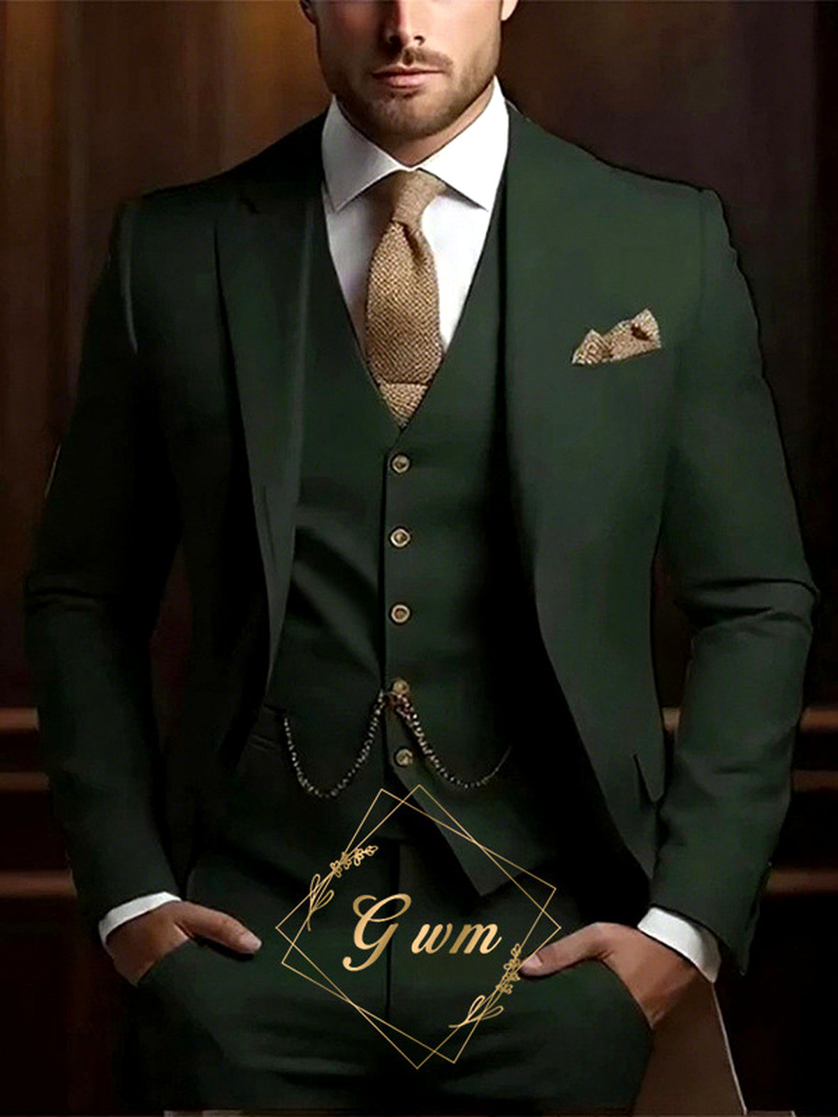 Men's Jacquard Blazer Suit Jacket One Button Party Banquet Formal Outfit in Forest Green - product view