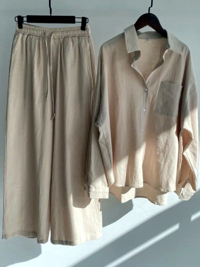 Women's Cotton Linen Button-Up Shirt & Wide-Leg Pants Set in Apricot - product view