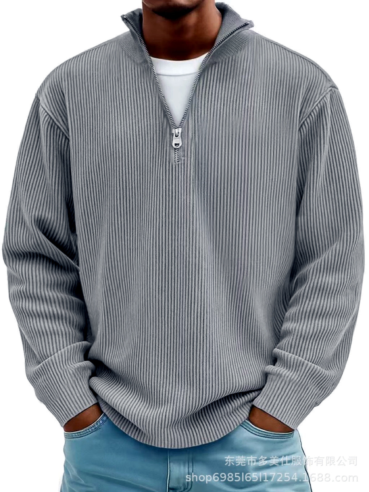 Men's Corduroy Quarter-Zip Stand Collar Long Sleeve Polo Shirt in Gray - product view