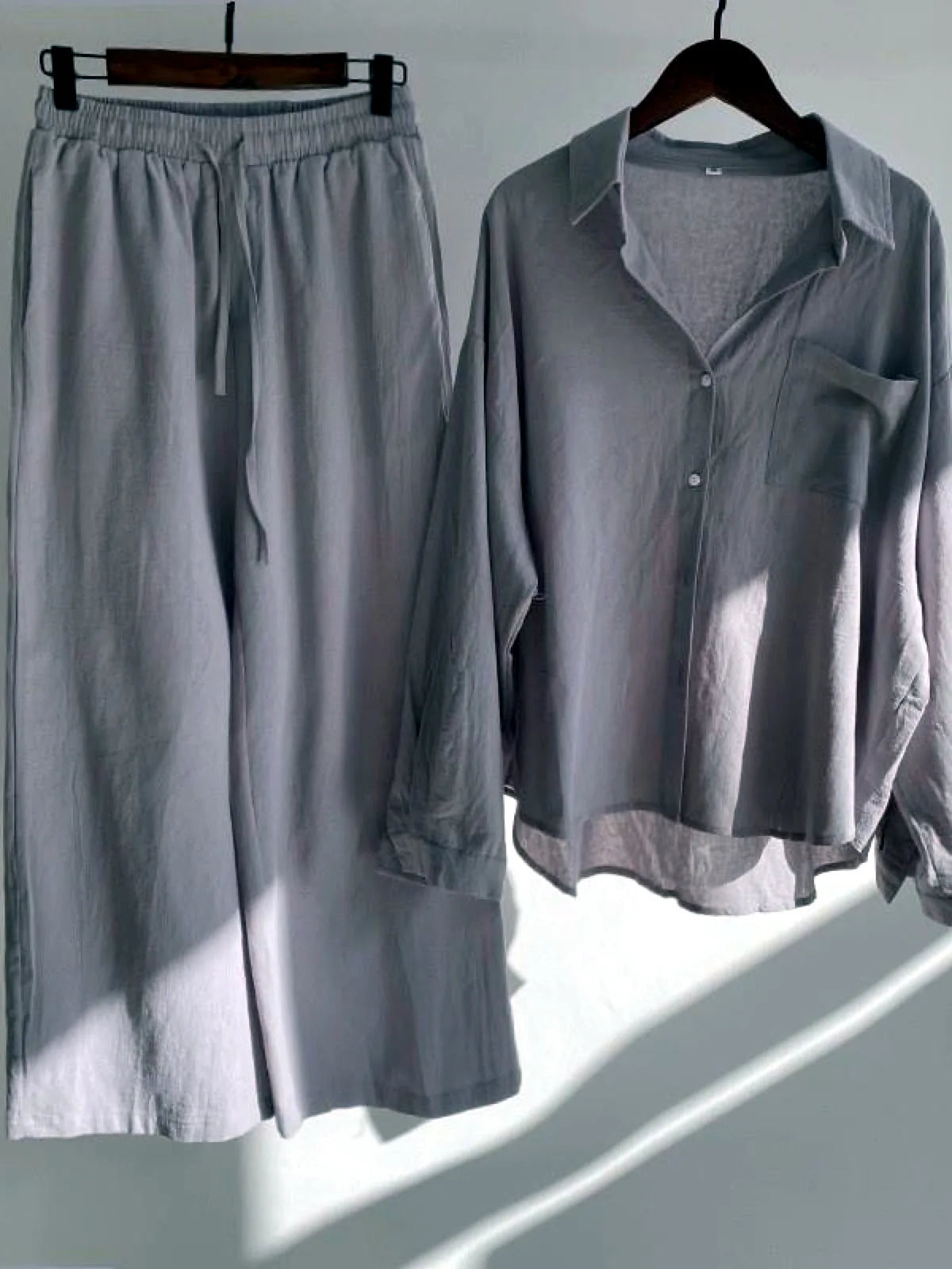 Women's Cotton Linen Button-Up Shirt & Wide-Leg Pants Set in Gray - product view