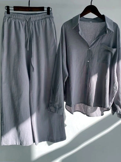 Women's Cotton Linen Button-Up Shirt & Wide-Leg Pants Set in Gray - product view