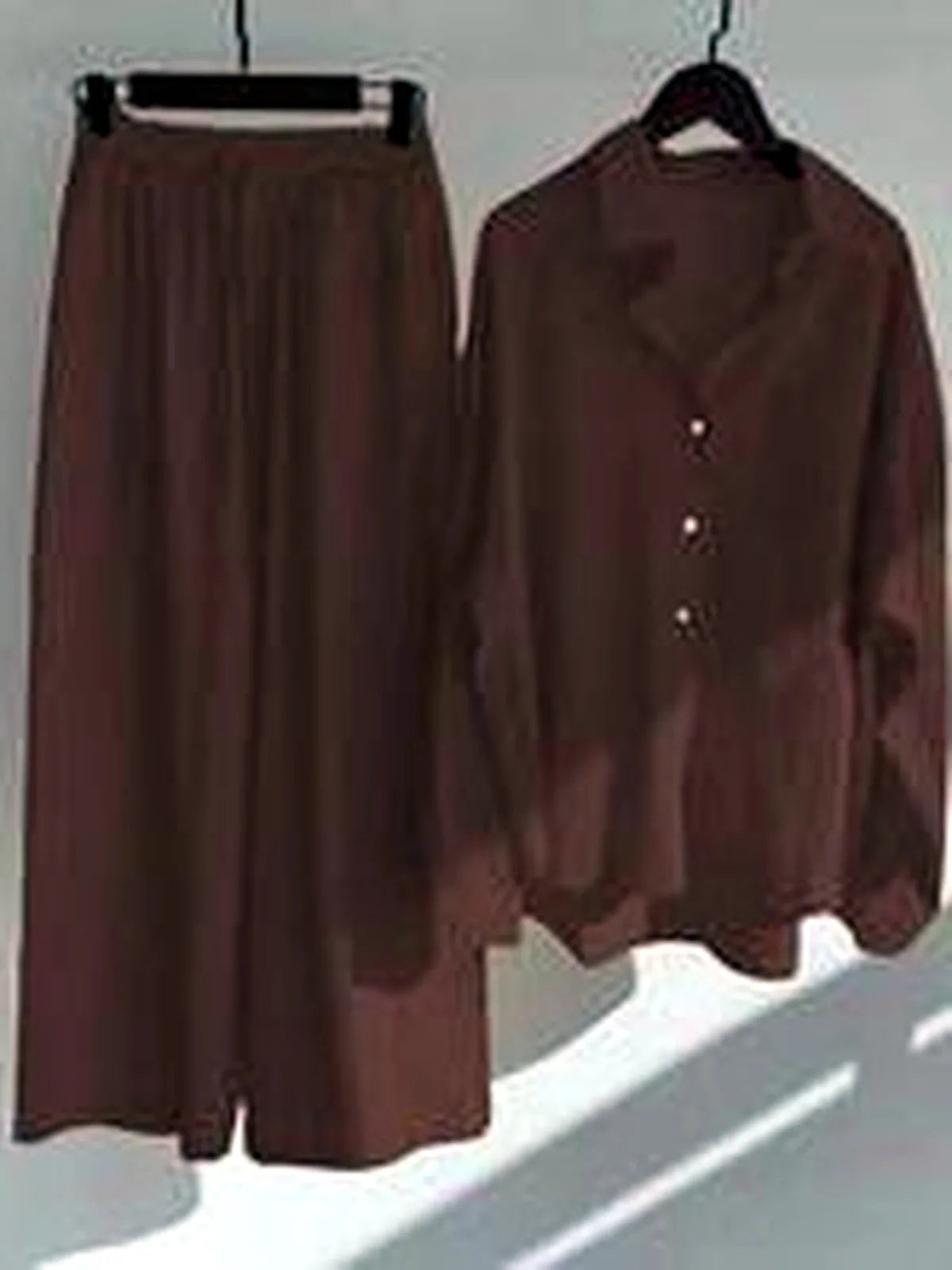Women's Cotton Linen Two Piece Set with Shirt and Pants in Coffee Brown - product view