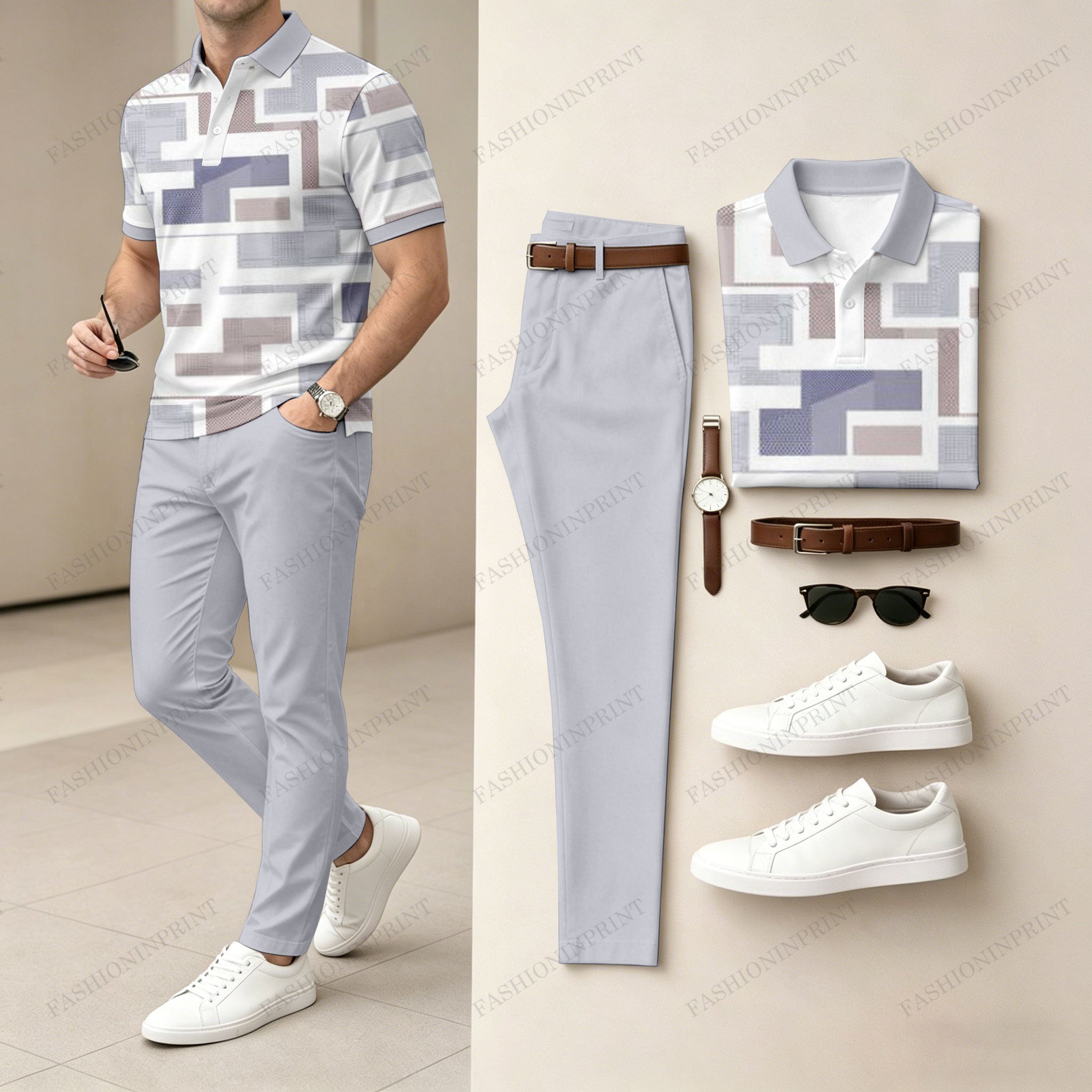 Men's Casual Gray Geometry Printed Polo Shirt And Pants Two-Piece Set