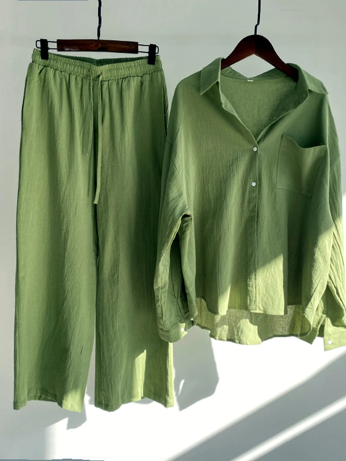 Women's Cotton Linen Two Piece Set with Shirt and Pants - product detail view 1
