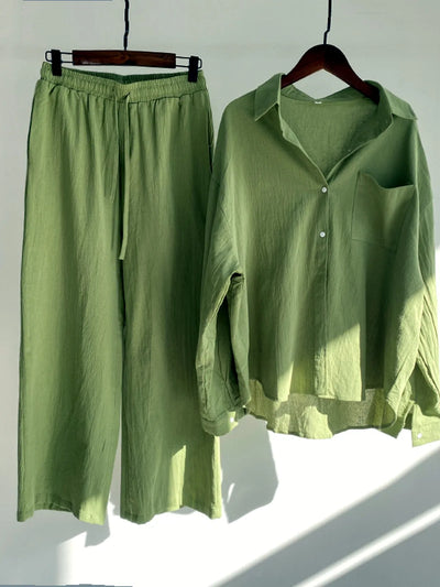 Women's Cotton Linen Two Piece Set with Shirt and Pants - product detail view 1