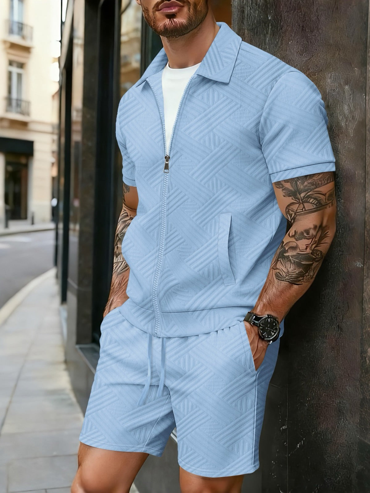 Men's Zip Collar Polo Shirt and Shorts Summer Two-Piece Set product image