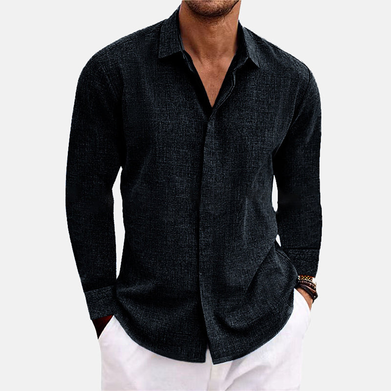 Men's Linen Single Breasted Plain Long Sleeve Shirt