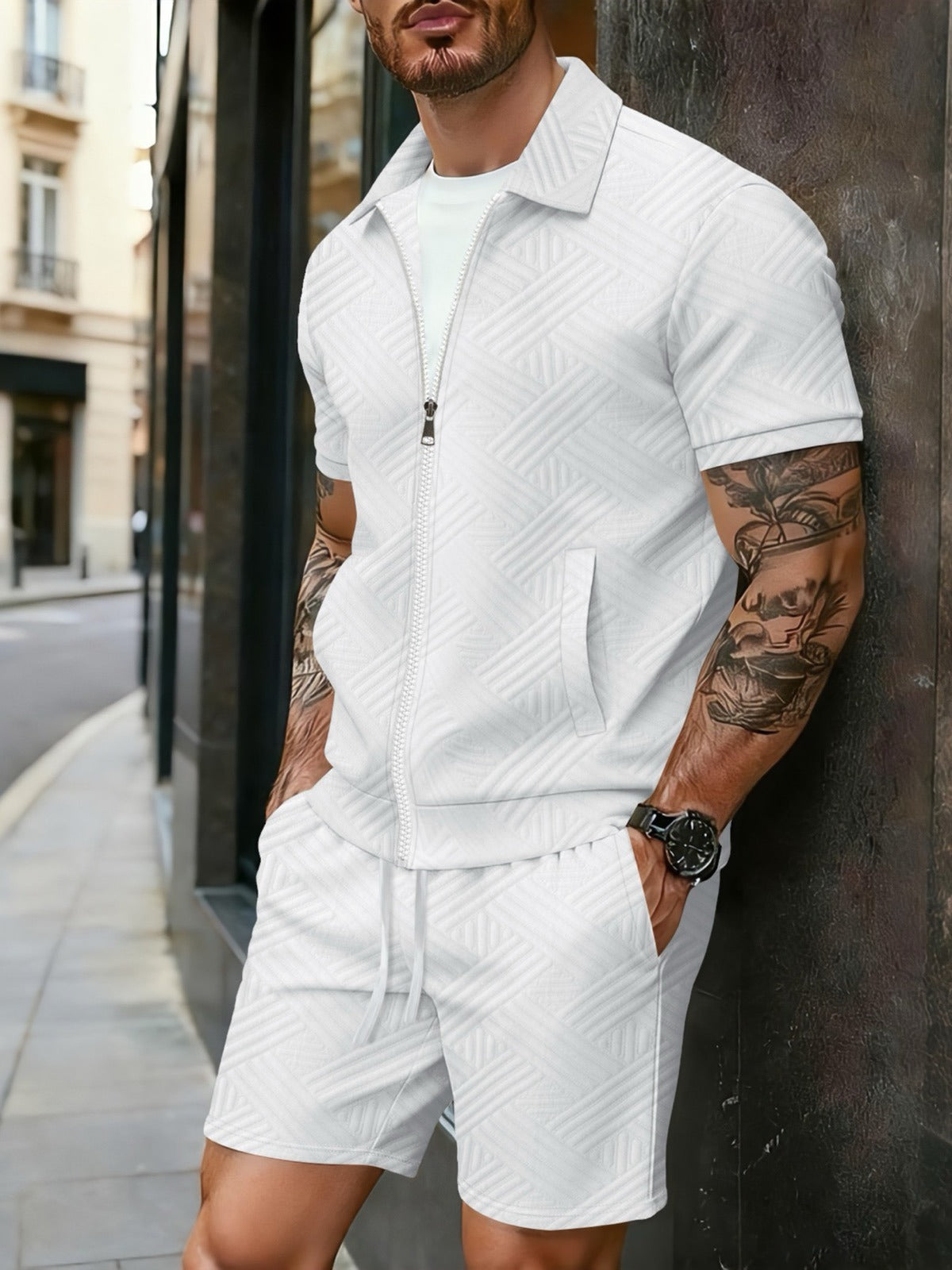 Men's Zip Collar Polo Shirt and Shorts Summer Two-Piece Set product image