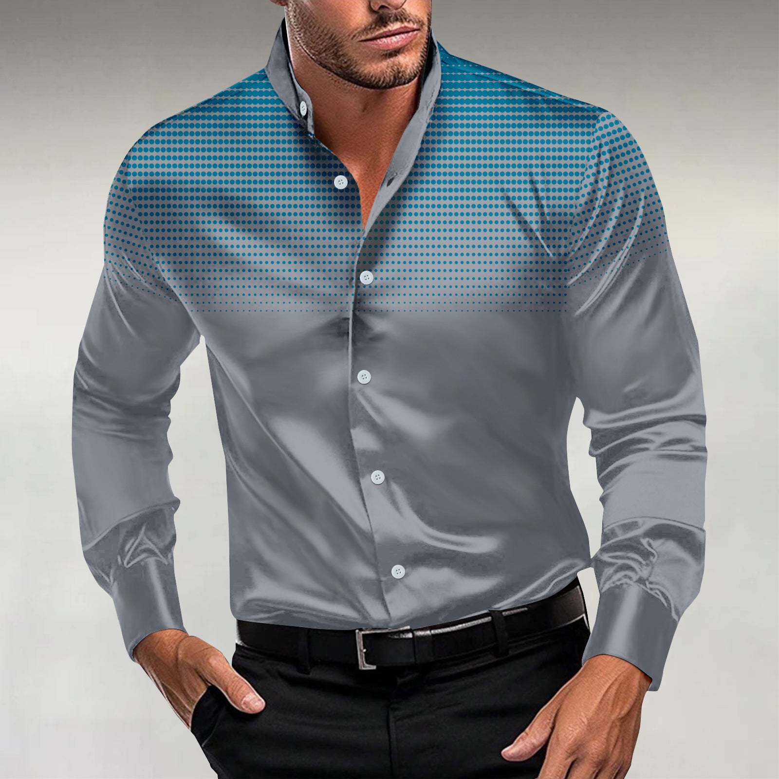 Men's Casual Dots Print Stand Collar Long Sleeve Shirt