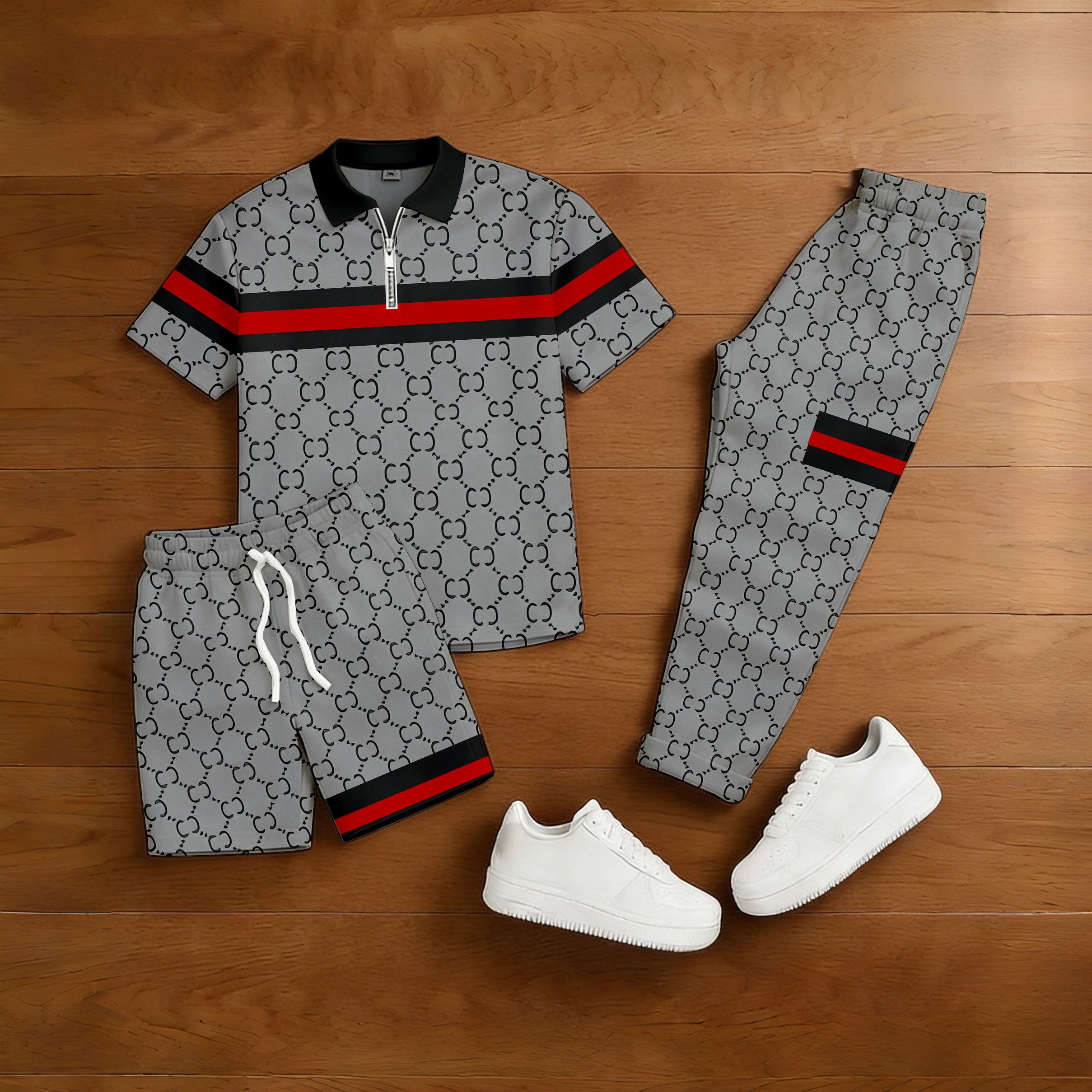 Men's Casual Black & Gray Color Matching Vintage Printed Zipper Short Sleeved Polo Shirt & Trousers  & Shorts 3Pc Set