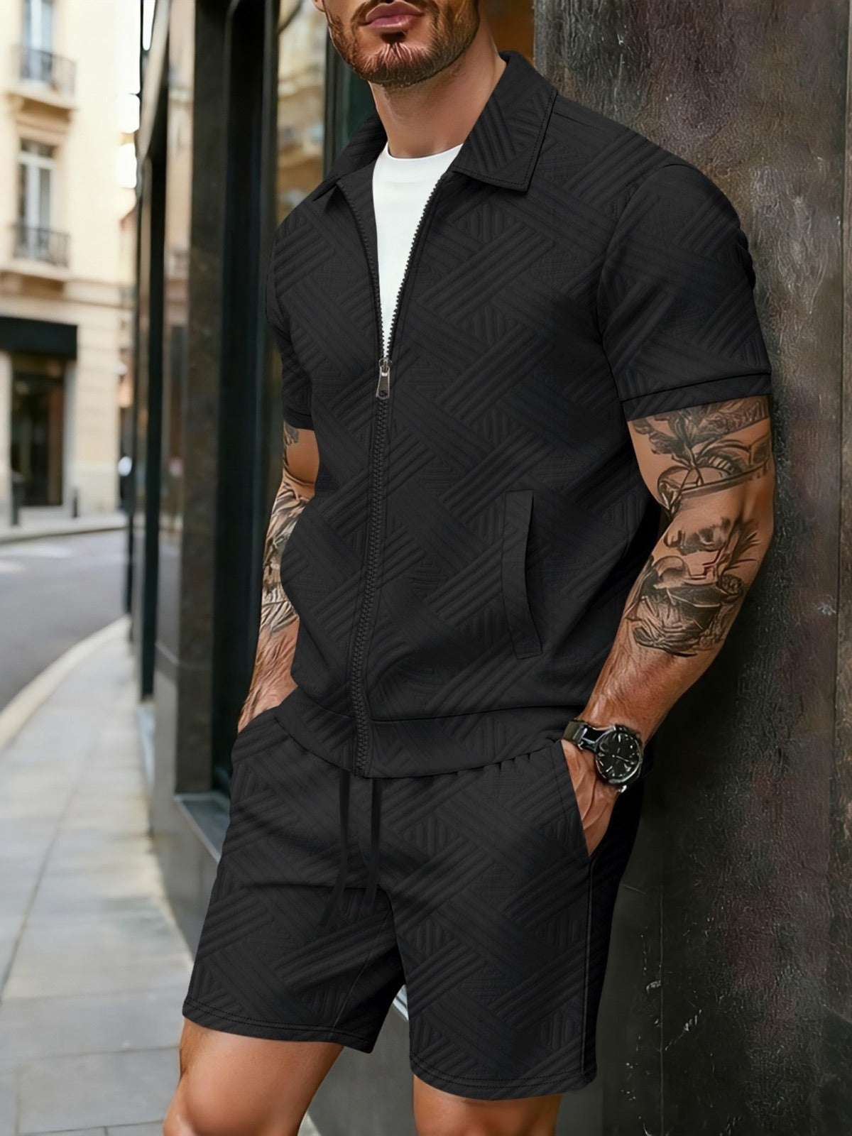 Men's Zip Collar Polo Shirt and Shorts Summer Two-Piece Set product image