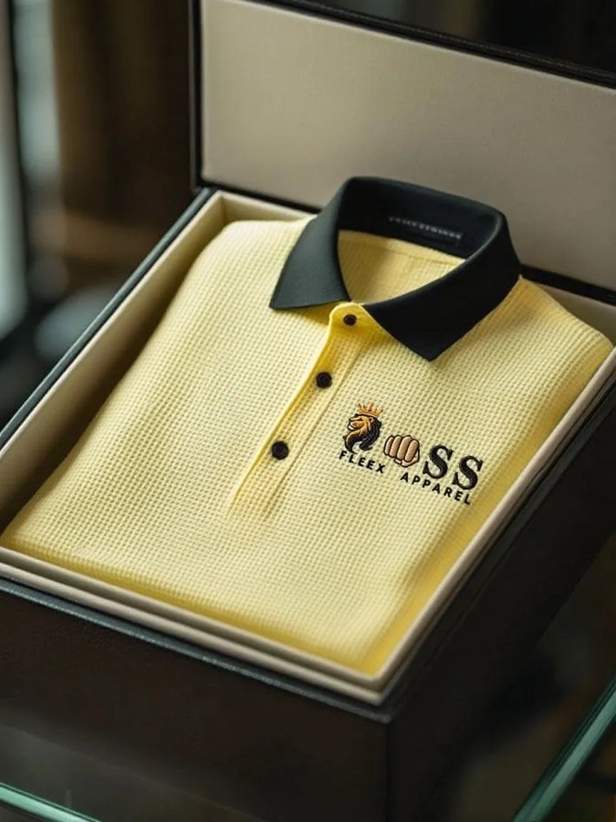 Men's Fashion Business Style Letter Printed Waffle Casual Short Sleeve POLO Shirt