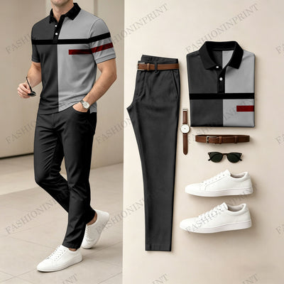 Men's Casual Khaki Geometry Printed Polo Shirt And Pants Two-Piece Set