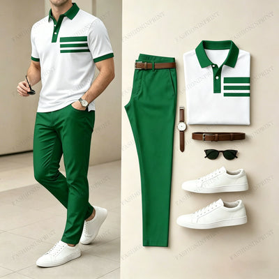 Men's Casual White Geometry Printed Polo Shirt And Pants Two-Piece Set