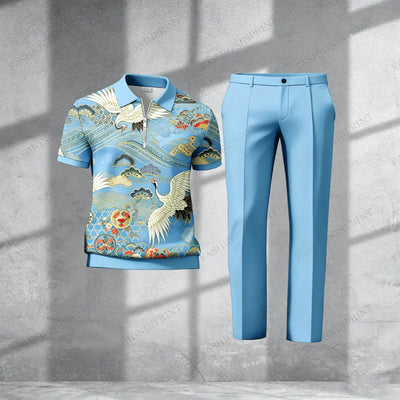Men's Casual Royal Green Crane Short-Sleeved Half-Zip Polo Shirt And Royal Green Trousers Two-Piece Set