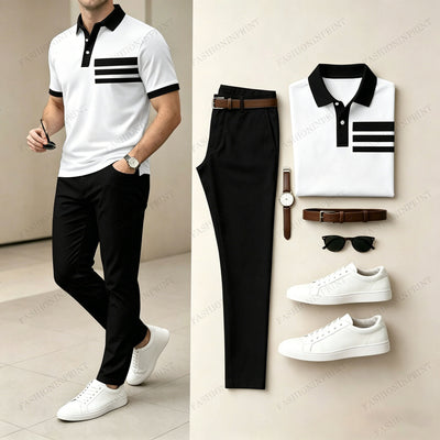 Men's Casual White Geometry Printed Polo Shirt And Pants Two-Piece Set