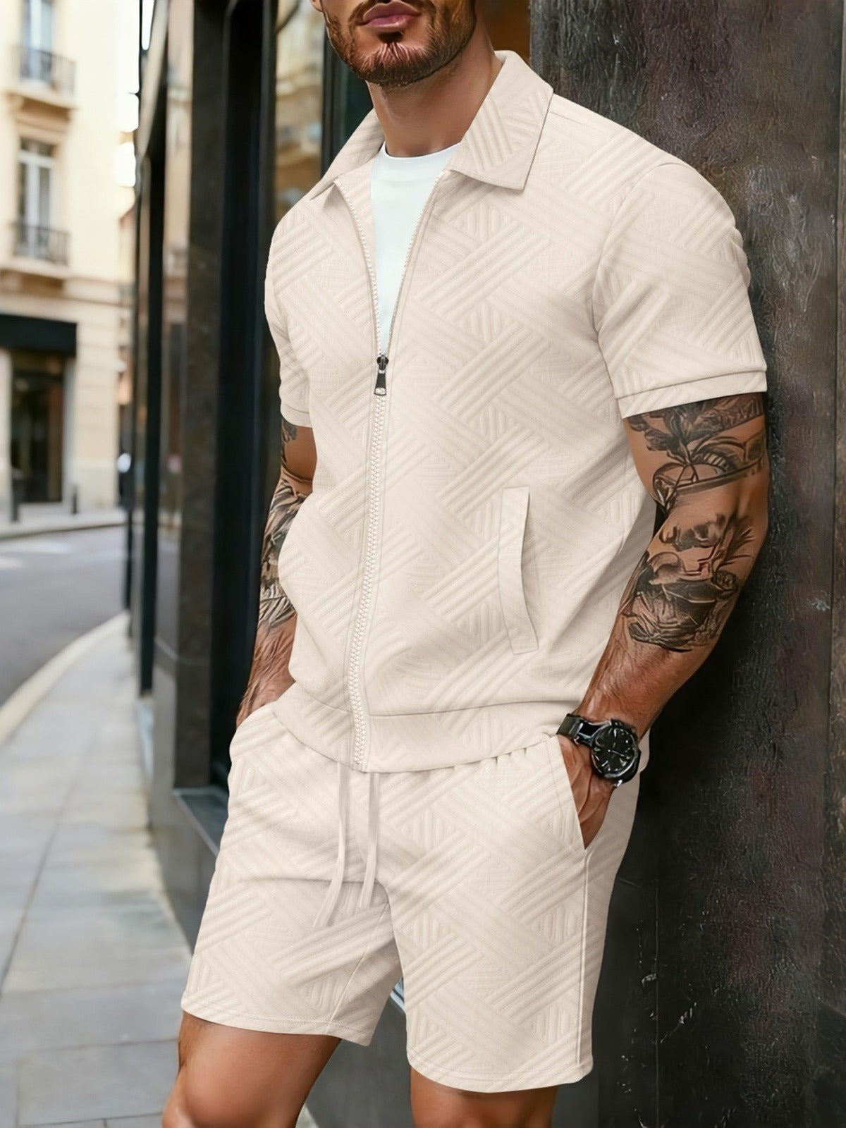 Men's Zip Collar Polo Shirt and Shorts Summer Two-Piece Set product image