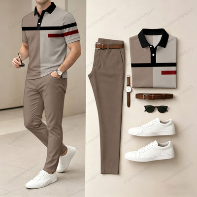 Men's Casual Khaki Geometry Printed Polo Shirt And Pants Two-Piece Set