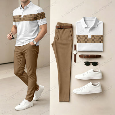 Men's Casual Black & Brown Plaid Printed Polo Shirt And Pants Two-Piece Set 204499