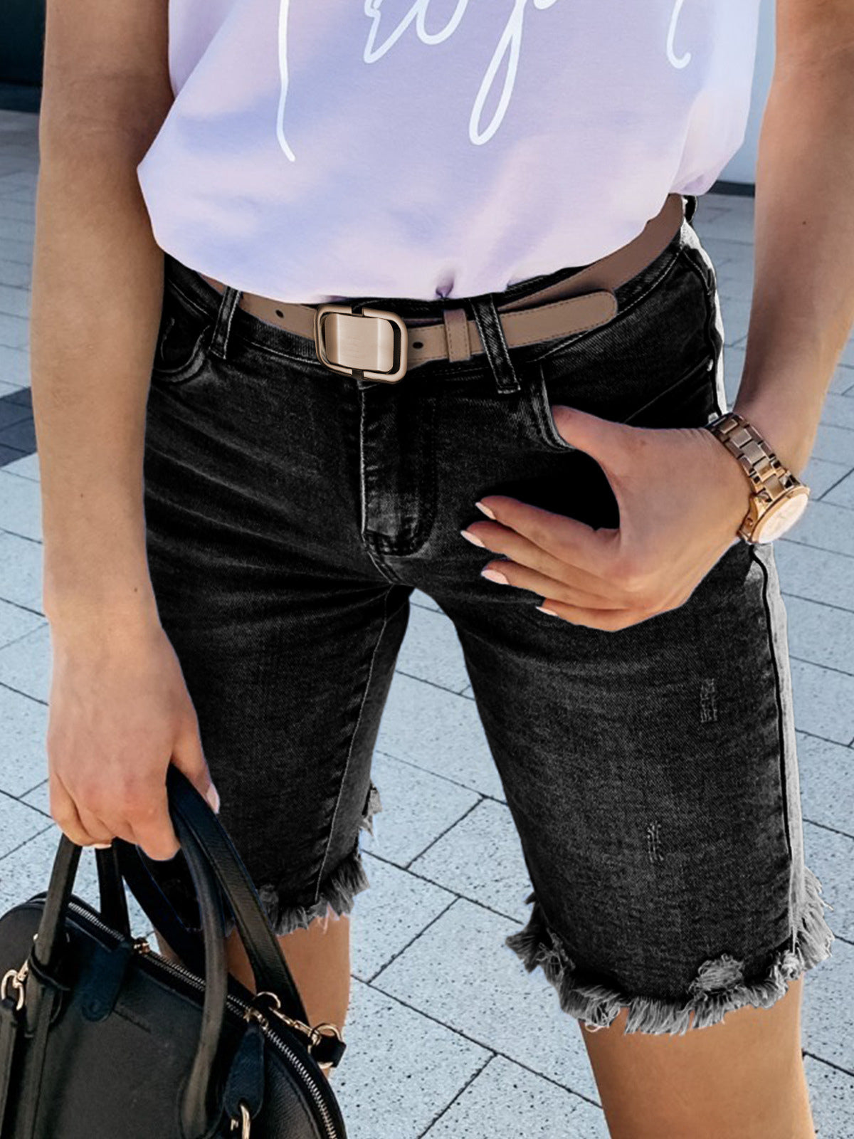 Women's Distressed Denim Bermuda Shorts product image