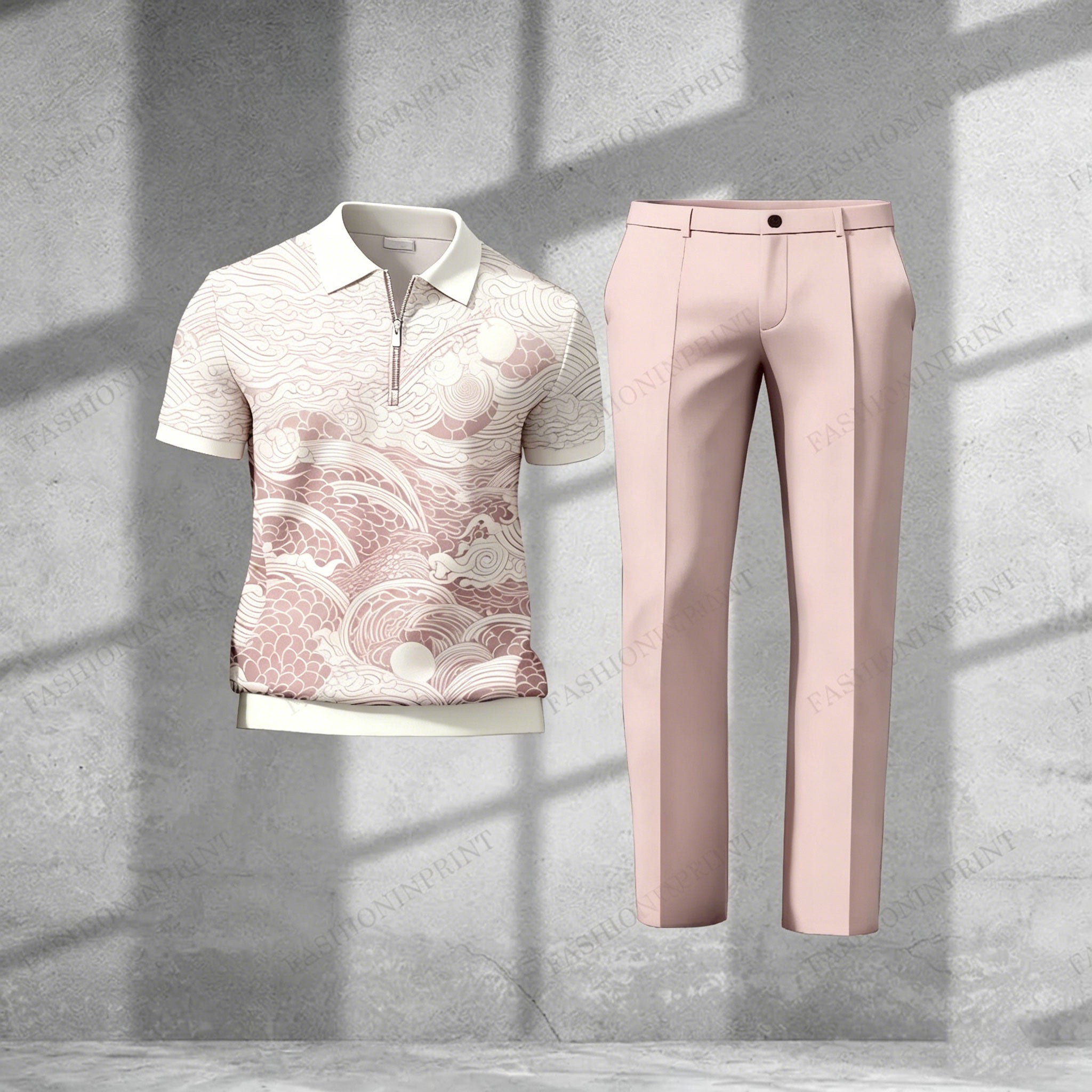 Men's Casual Blue Floral Short-Sleeved Half-Zip Polo Shirt And Blue Trousers Two-Piece Set