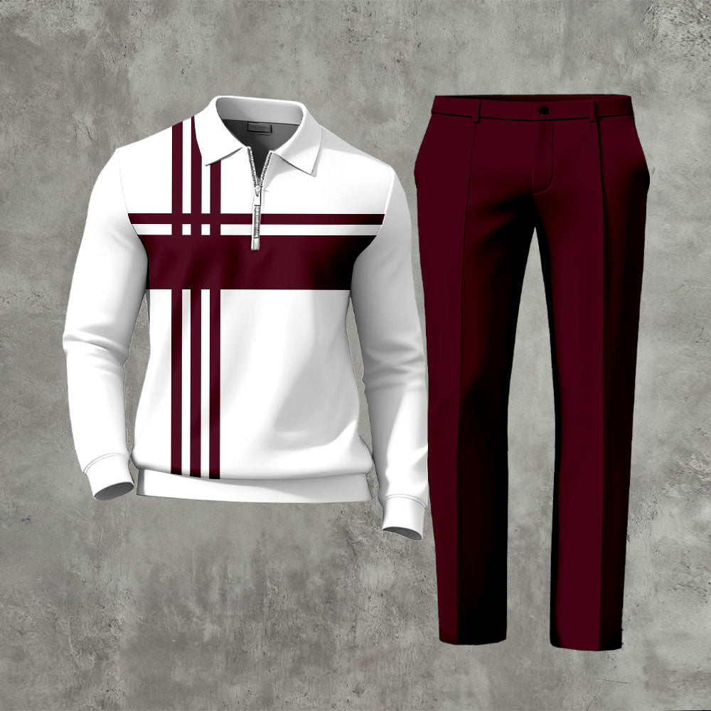 Men's Casual Maroon & White Color Matching Striped Printed Polo-Collar Zipper Long Sleeved Trousers Two-Piece Set