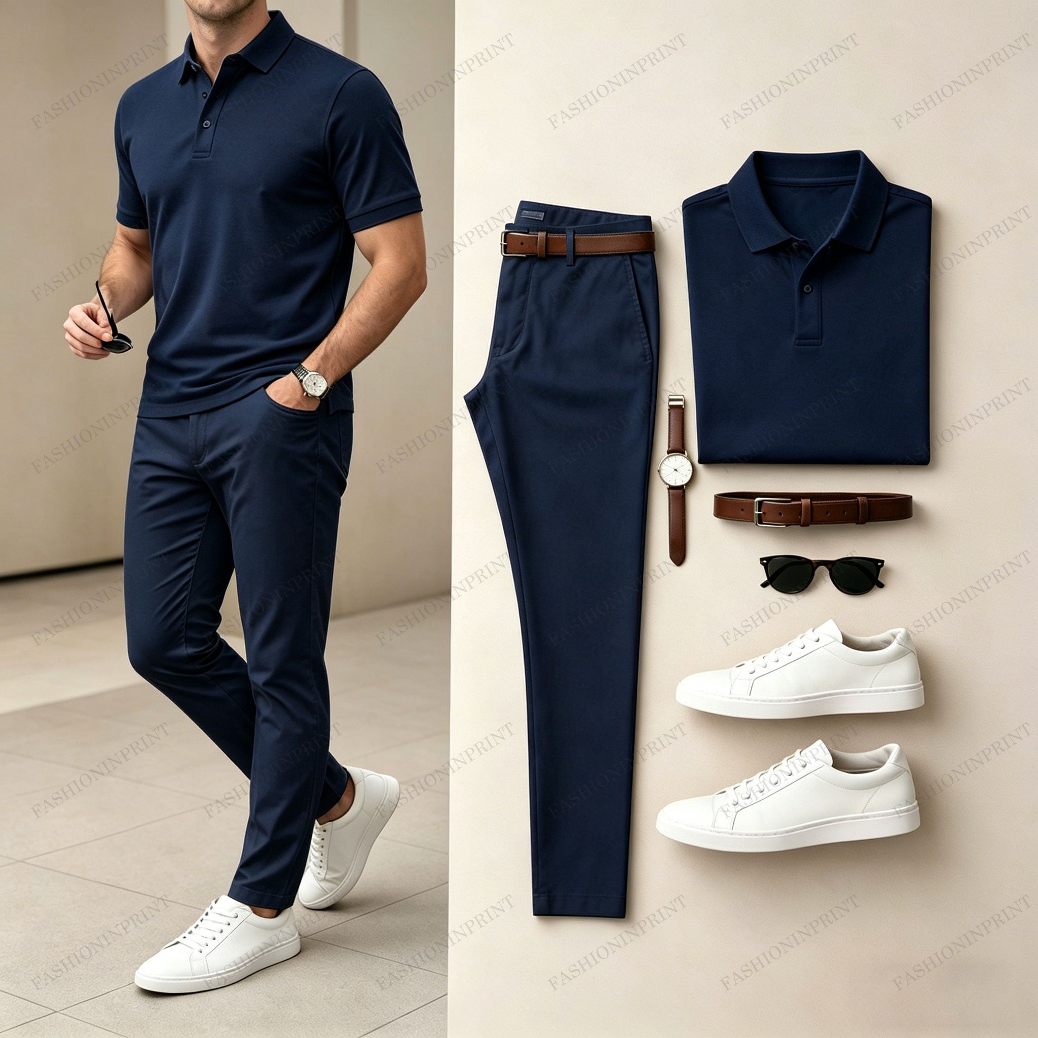 Men's Casual Printed Polo Shirt And Pants Two-Piece Set