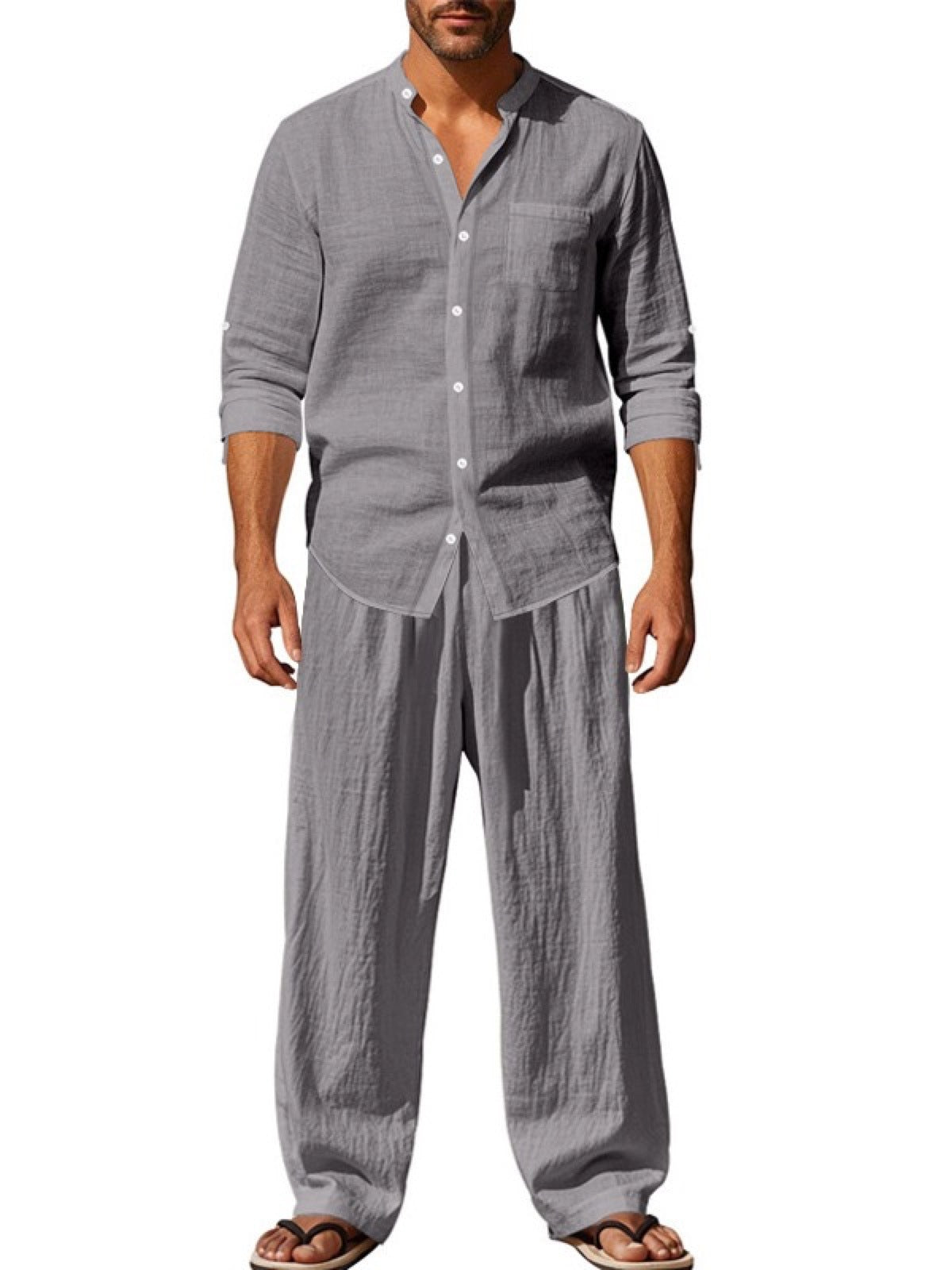 Men's Linen Blend Summer Shirt and Pants Set Lightweight Casual Beach Outfit product image