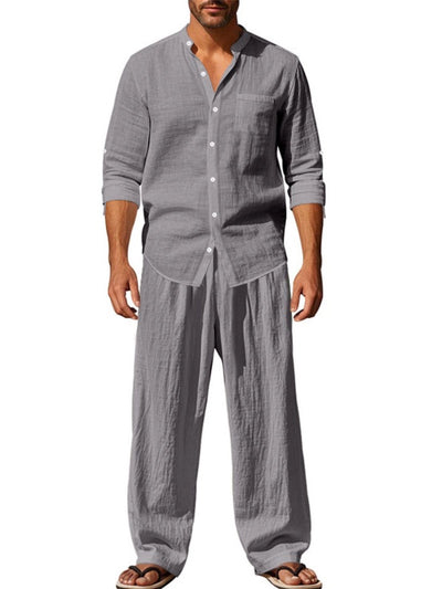 Men's Linen Blend Summer Shirt and Pants Set Lightweight Casual Beach Outfit product image