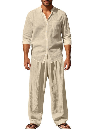 Men's Linen Blend Summer Shirt and Pants Set Lightweight Casual Beach Outfit product image