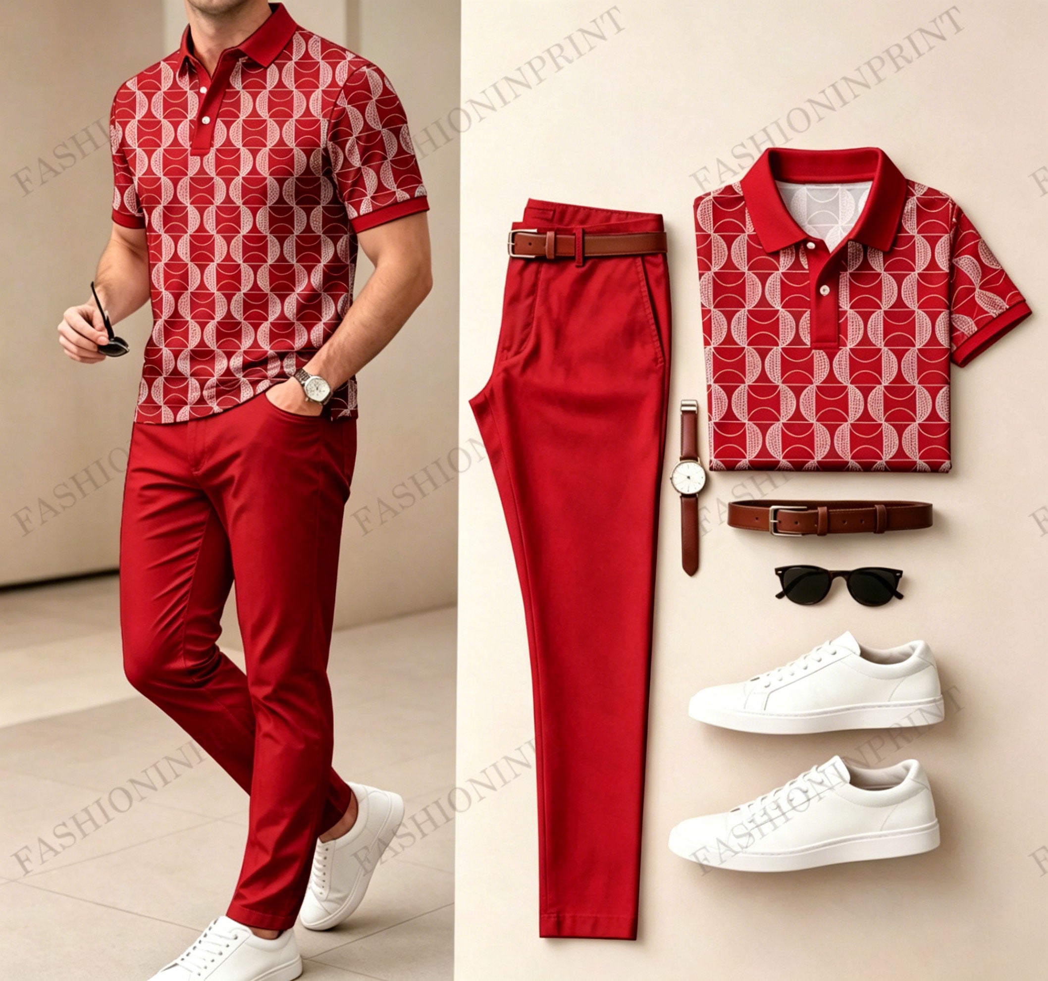 Men's Casual Dark Green Plaid Printed Polo Shirt And Pants Two-Piece Set