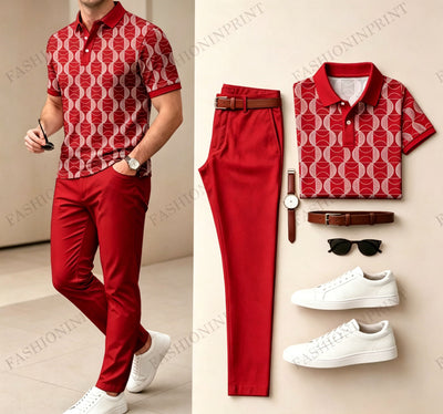 Men's Casual Dark Green Plaid Printed Polo Shirt And Pants Two-Piece Set