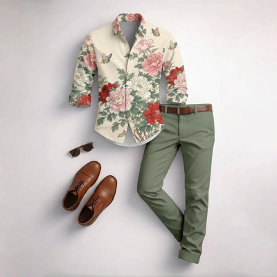 Men's Casual White Floral Print Long-Sleeved Shirt And Trousers Two-Piece Set