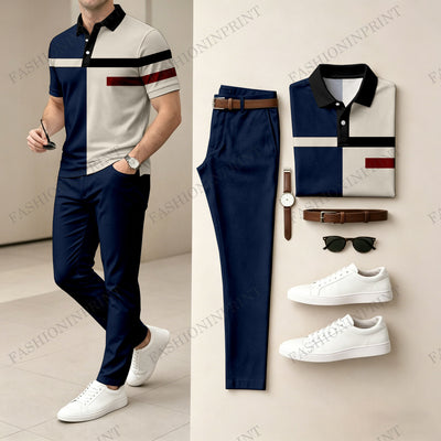 Men's Casual Khaki Geometry Printed Polo Shirt And Pants Two-Piece Set