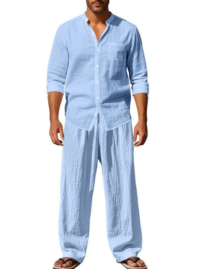 Men's Linen Blend Summer Shirt and Pants Set Lightweight Casual Beach Outfit product image
