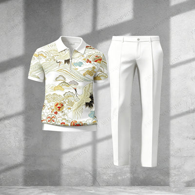 Men's Casual Royal Green Crane Short-Sleeved Half-Zip Polo Shirt And Royal Green Trousers Two-Piece Set