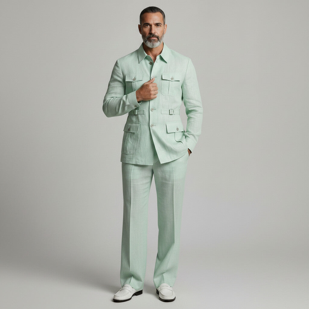 Men's Mint Green Multi-Pocket Turndown Collar Single Breasted Safari Jacket