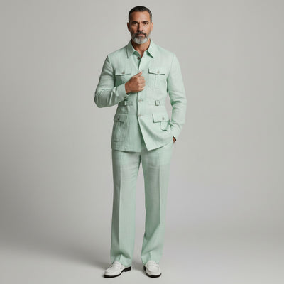 Men's Mint Green Multi-Pocket Turndown Collar Single Breasted Safari Jacket