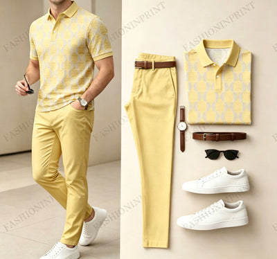 Men's Casual Dark Green Plaid Printed Polo Shirt And Pants Two-Piece Set