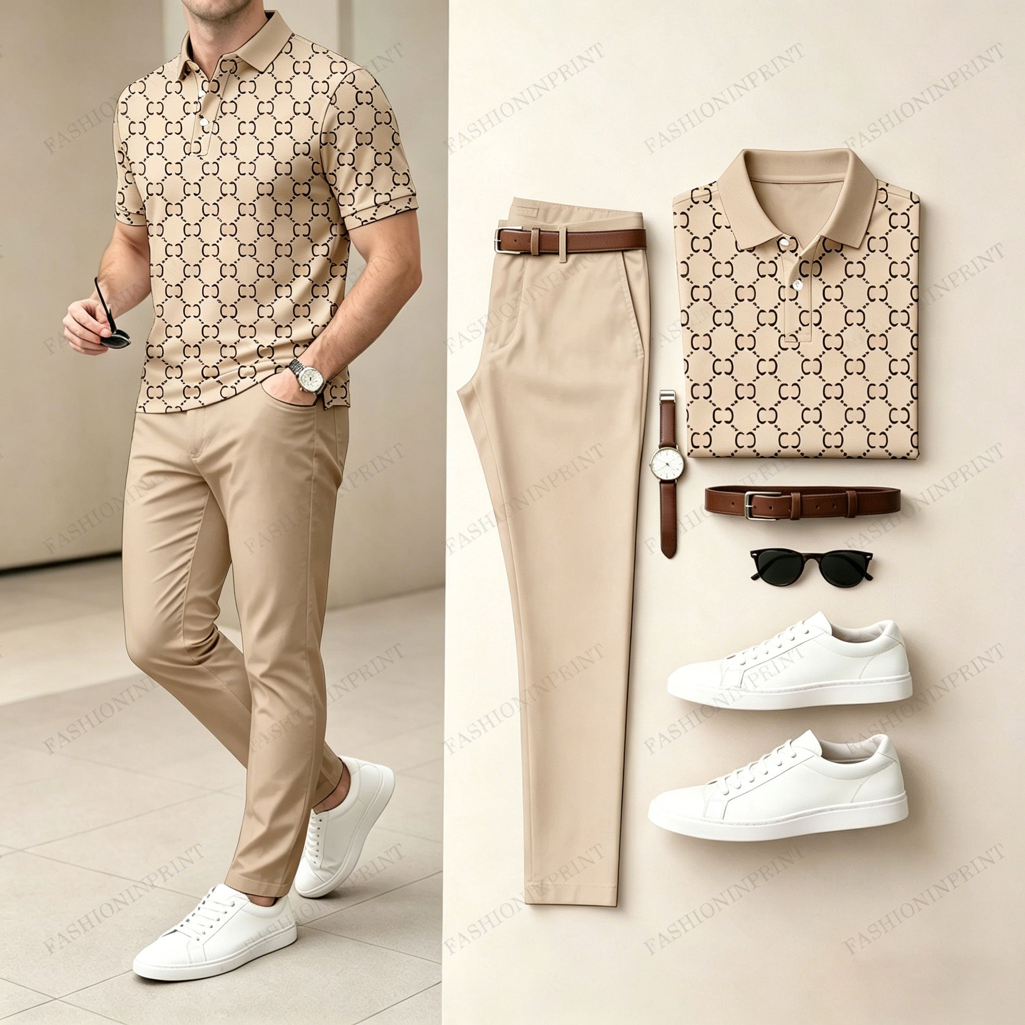 Men's Casual Brown Plaid Printed Polo Shirt And Pants Two-Piece Set 205063