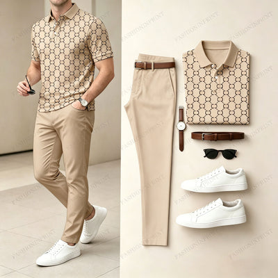 Men's Casual Brown Plaid Printed Polo Shirt And Pants Two-Piece Set 205063