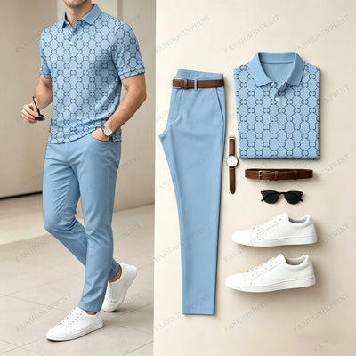 Men's Casual Brown Plaid Printed Polo Shirt And Pants Two-Piece Set 205063