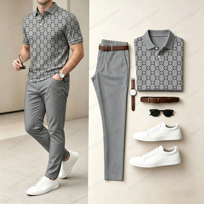 Men's Casual Brown Plaid Printed Polo Shirt And Pants Two-Piece Set 205063