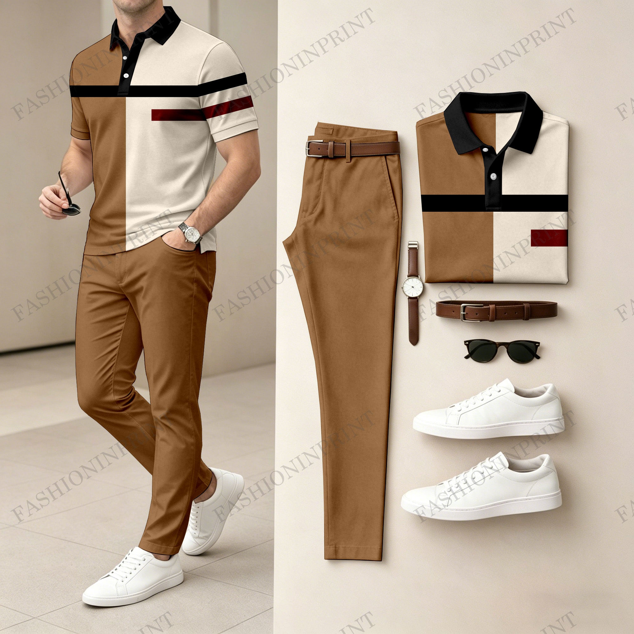 Men's Casual Khaki Geometry Printed Polo Shirt And Pants Two-Piece Set