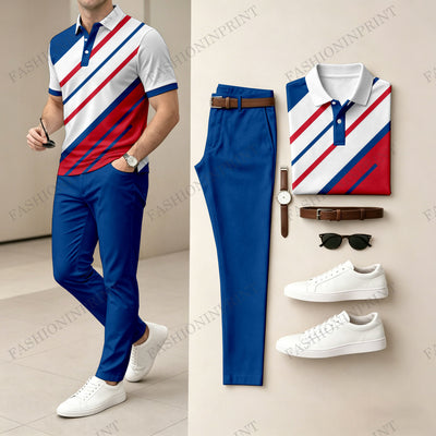 Men's Casual Black & White Twill Printed Polo Shirt And Pants Two-Piece Set