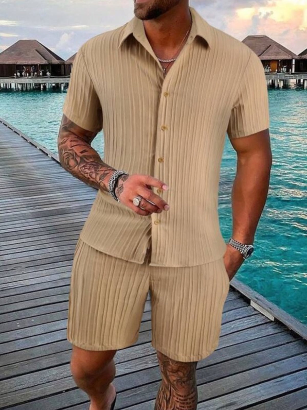 Men's Lyocell Cotton Casual Bermuda Shorts Elastic Waist Summer Shorts product image