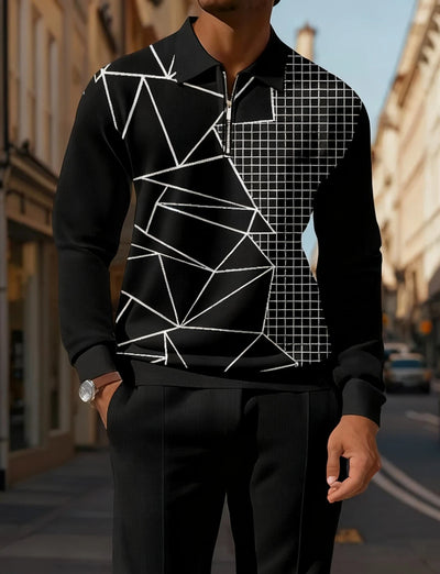 Men's Casual Colorblock Personalized Long Sleeve Polo Shirt Set  003
