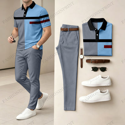 Men's Casual Khaki Geometry Printed Polo Shirt And Pants Two-Piece Set