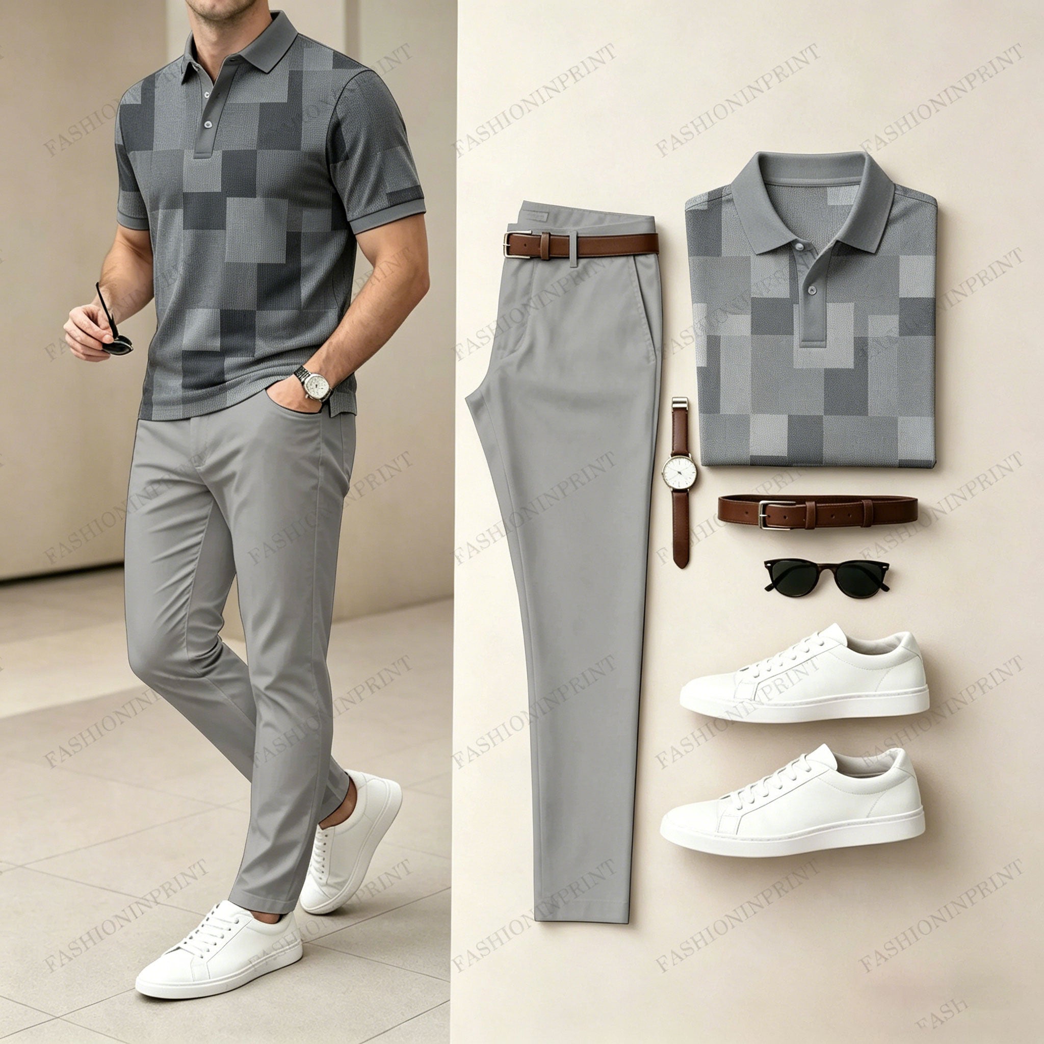 Men's Casual Color-Blocked Plaid Printed Polo Shirt And Pants Two-Piece Set